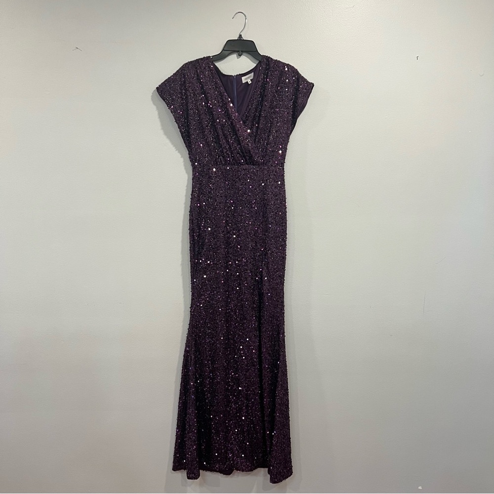Elegant Purple Sequin Embellished Faux Wrap Maxi Evenung Gown By Faeriesty